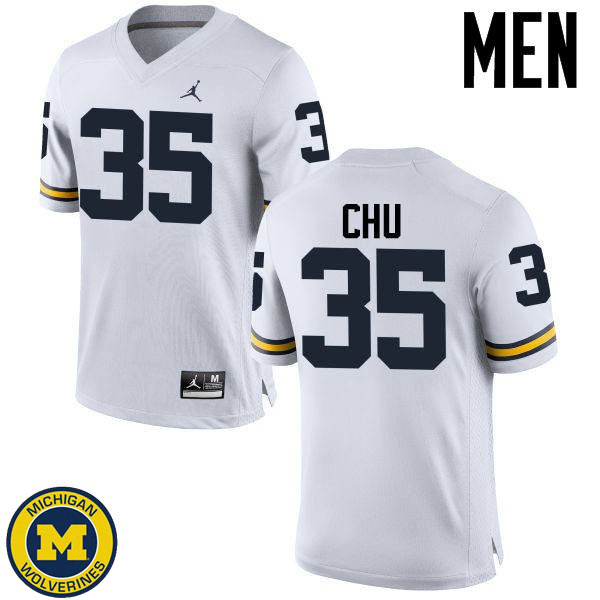 Men Michigan Wolverines #35 Brian Chu White Embroidery Jersey